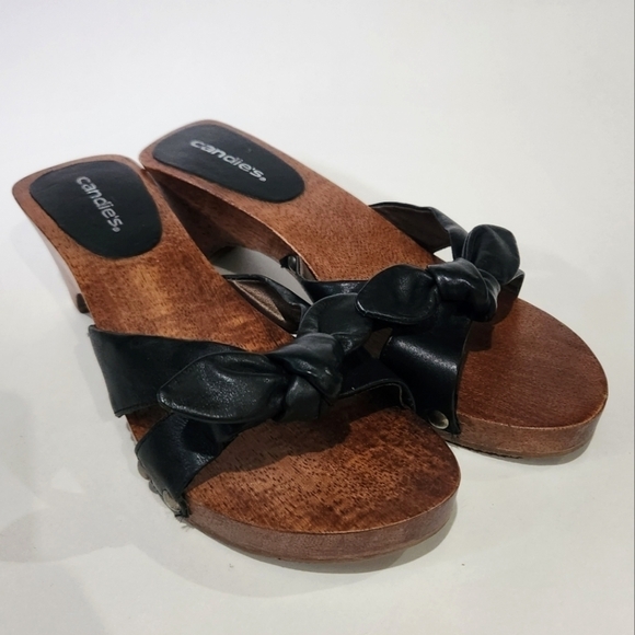 Vintage 80's Wood and Leather Candies Mule Sandal Heel sz 8 - Picture 2 of 12